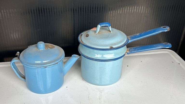 Small Blue Enamelware Pot and Teapot image