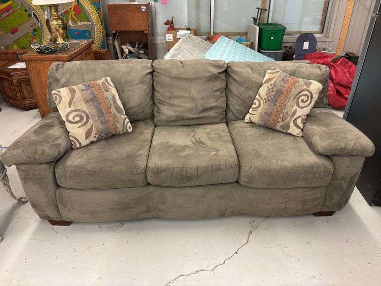 Comfortable Taupe Three-Seater Sofa with Accent Pillows image