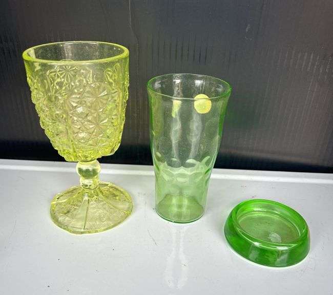 Uranium Depression Glass Set - Goblet, Tumbler, and Coaster image