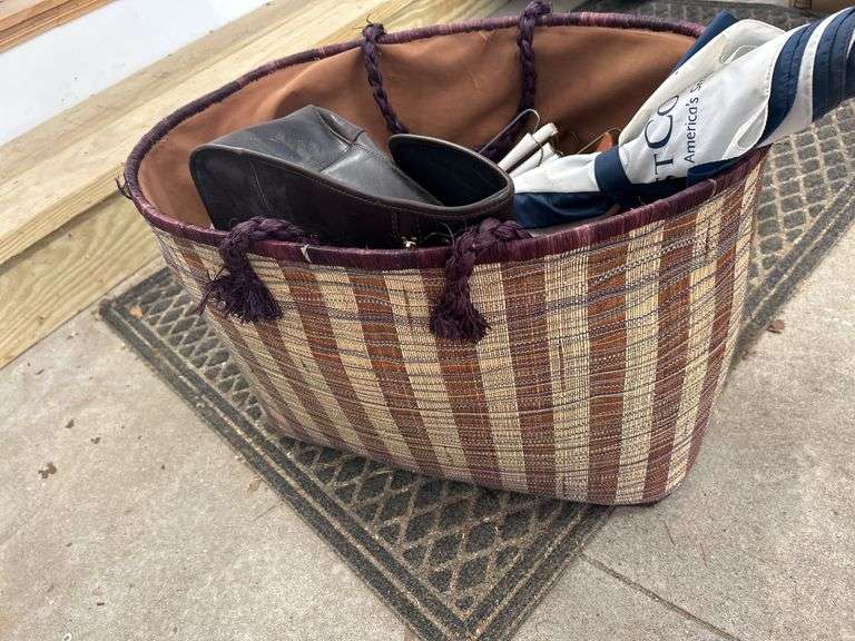 Wicker Basket with Purse, Umbrella, and Hangers