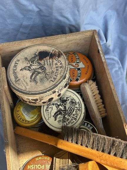 Assorted Collection: Wooden Shoe, Lampshade, and Shoe Shine Kit