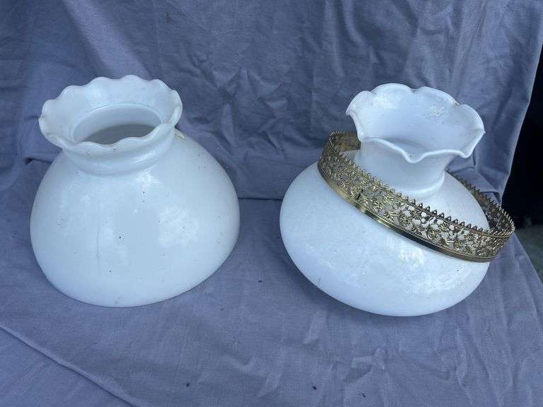 Pair of White Glass Lamp Shades with Metal Trim image
