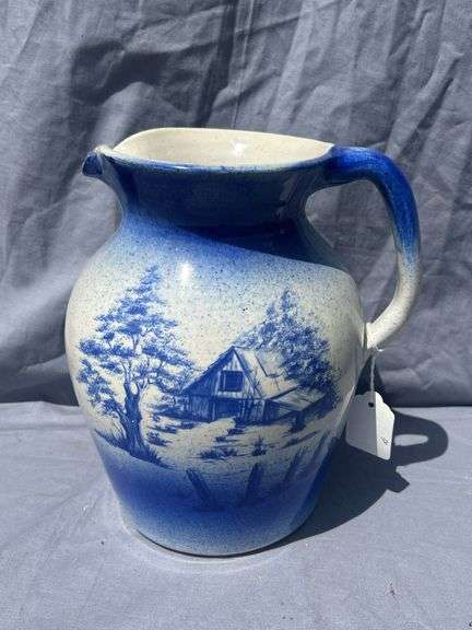 Blue and White Barn Scene Pitcher image