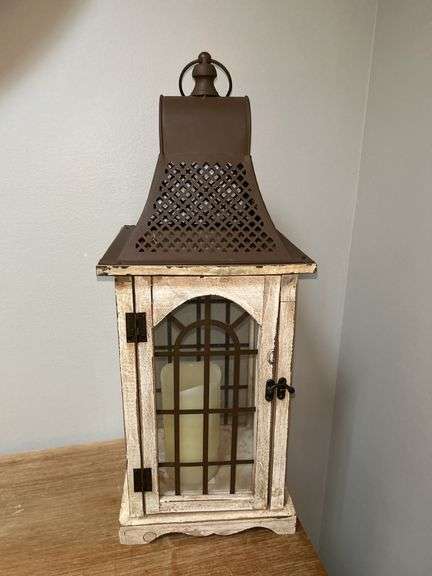 Decorative Metal and Wood Lantern with Electric Candle image