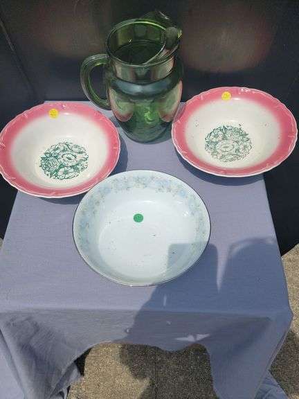 Green Glass Pitcher with Noritake Blue Charm Bowl and Pink Trimmed Bowls image
