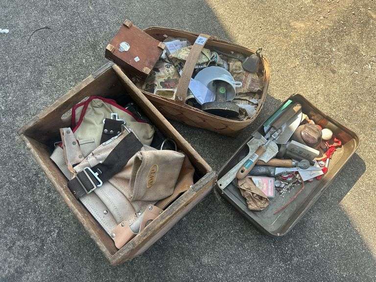 Boxes and Basket of Various Tools, Hardware and Household Items image