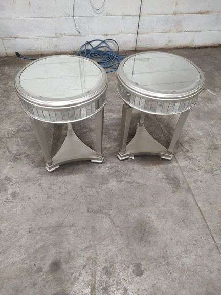 2 - MONARCH - 20 INCH BRUSHED SILVER AND MIRRORED SIDE TABLES - 26 INCHES TALL AND 20 INCHES ROUND