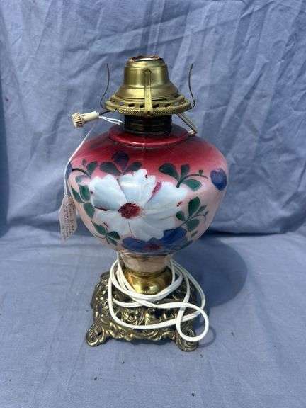 Floral Decorated Electric Lamp with Brass Base image
