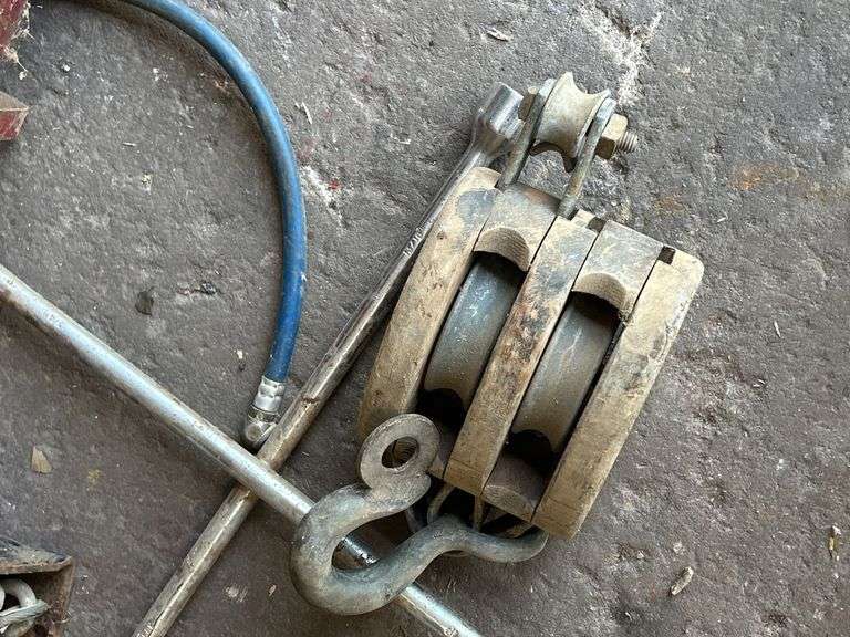 Portable Air Tank, 12 Volt Winch, Lug Wrench, and Pulley Block Assortment