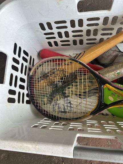 Basket of Sports Equipment: Bats, Tennis Racket, Baseballs, & More