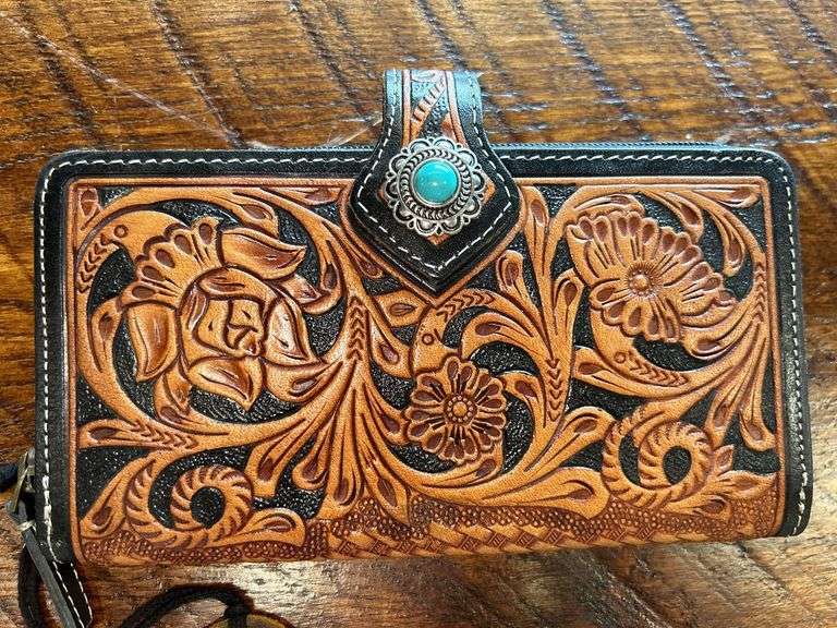 Leather Wallet with Floral Design and Turquoise Accent