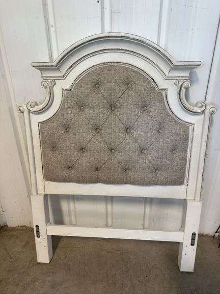 Distressed White Upholstered Headboard and Footboard Set image
