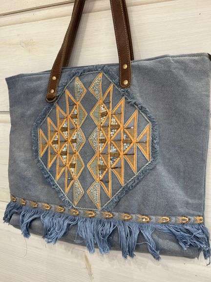 Denim Blue Tote Bag with Fringe and Geometric Design