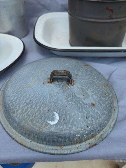 Collection of Enamelware, Metalware, and Kitchenware
