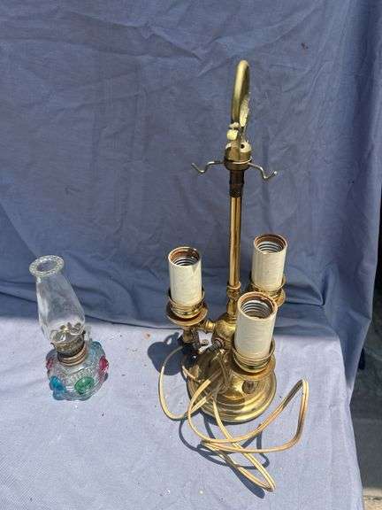 Brass Three-Light Lamp with Miniature Oil Lamp image