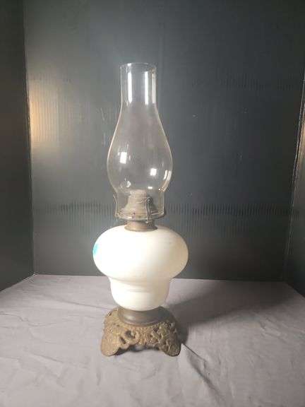 Opaline Glass Oil Lamp with Clear Chimney and Ornate Base image