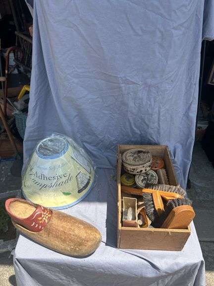 Assorted Collection: Wooden Shoe, Lampshade, and Shoe Shine Kit image