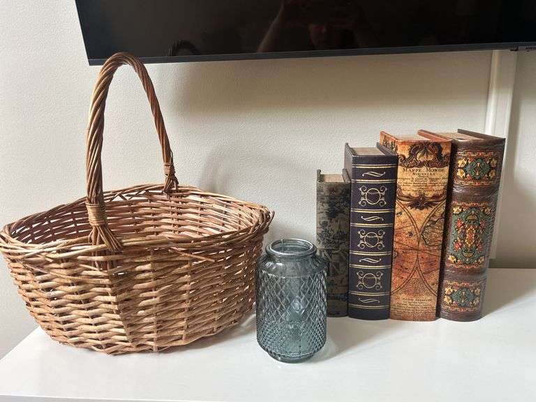 Decorative Basket, Glass Vase, and Book-Shaped Boxes image