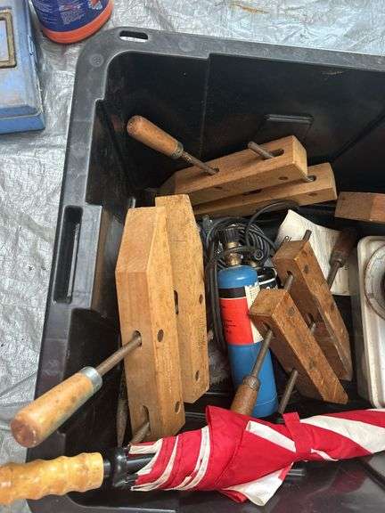Assorted Tools and Items including Clamps, Blowtorch, Cable Spool, and More