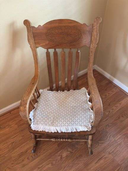 Child's Wooden Rocking Chair with Decorative Cushion image