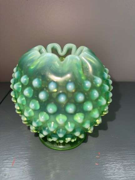 Green Opalescent Glass Hobnail Rose Bowl Vase image