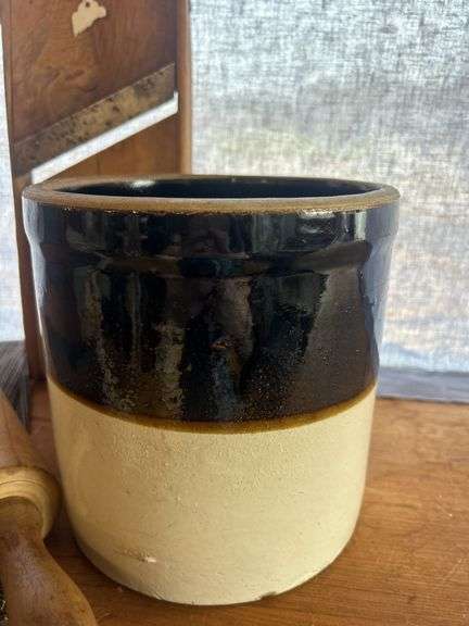 Vintage Kitchenware Set: Rolling Pin, Cabbage Cutter, Stoneware Crock, and Decorative Cloth