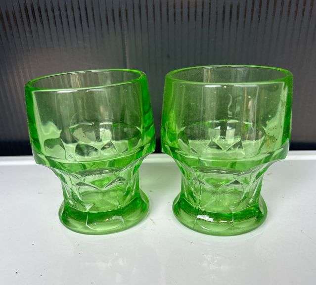 Two Green Vaseline Glass Footed Glasses image