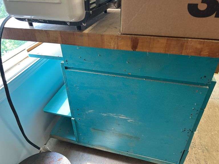 Turquoise Work Bench with Drawers and Vise