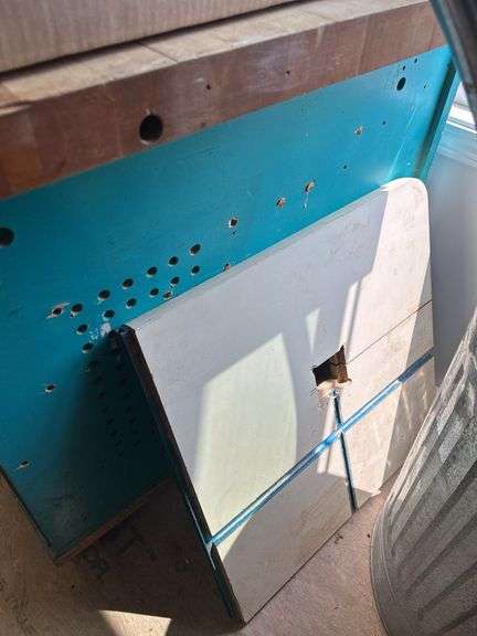 Turquoise Work Bench with Drawers and Vise