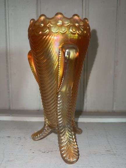 Iridescent Carnival Glass Vase with Floral Rim and Footed Base image