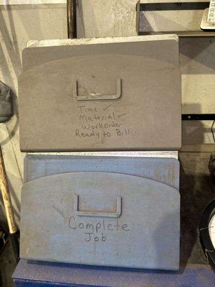 Industrial Blue Metal Cart with Contents - File Boxes, Clock, and More