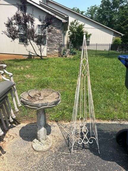 Concrete Bird Bath and Metal Garden Trellis image