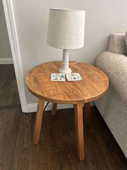 Round Wooden Accent Table with Lamp image
