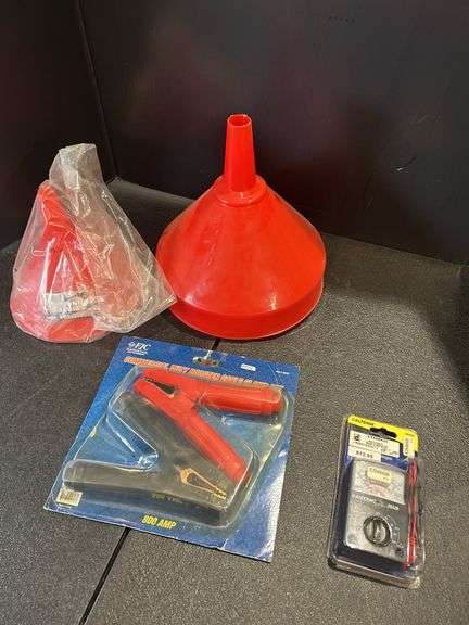 Automotive Tool and Accessory Bundle: Multimeter, Funnels, and Jumper Cable Clamps image