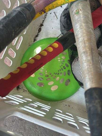 Basket of Sports Equipment: Bats, Tennis Racket, Baseballs, & More