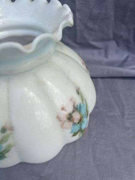 Floral Painted White Glass Lamp Shade with Ruffled Edge