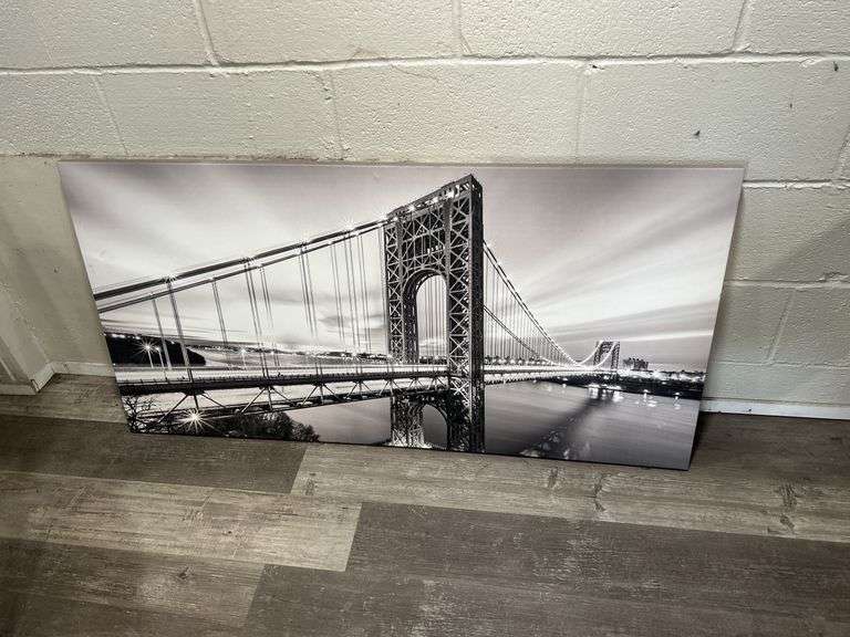 Wall Decor Lot: Bridge Canvas Print, "Bring the Good" Sign & Tzumi Clock