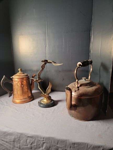 Copper Kettle, Copper Pitcher, and Brass Bird Sculpture Set image