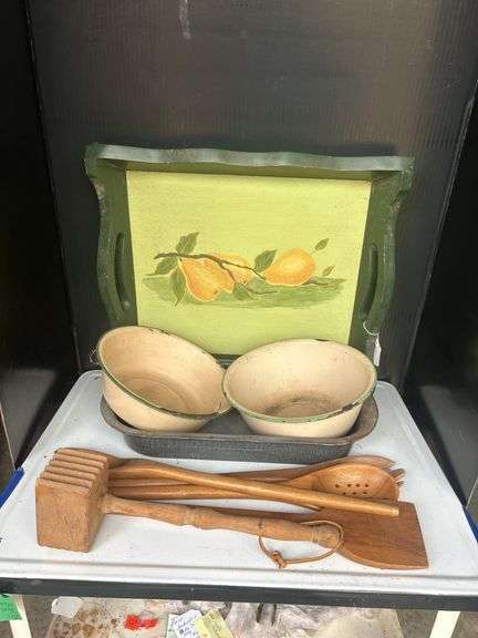Tray with Fruit Art, Bowls, Pan, and Wooden Utensils image