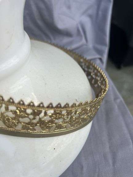 Pair of White Glass Lamp Shades with Metal Trim