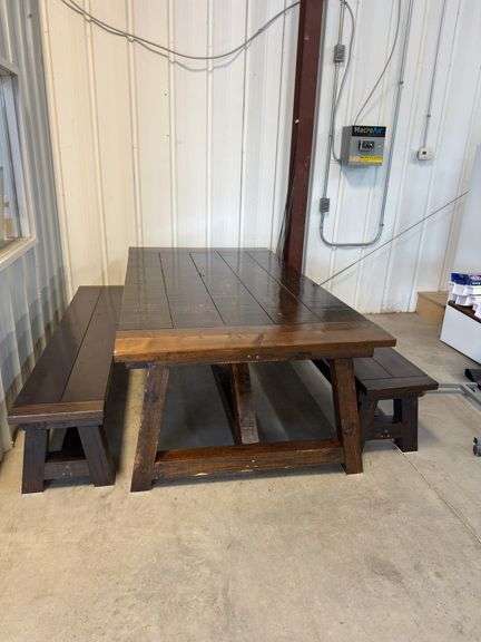 Handcrafted Wood Farmhouse Style Dining Table with Benches image