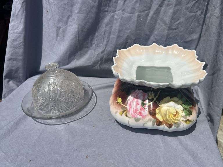 Collectible Glass Butter Dish with Lid and Floral Dish image