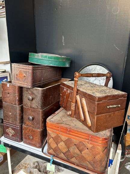 Wooden Boxes, Woven Basket, Metal Tray image