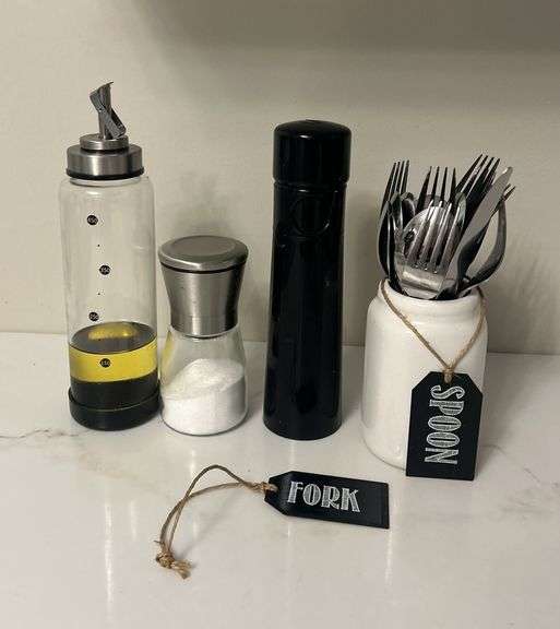 Kitchen Utensil Set with Oil Dispenser, Salt Shaker, Pepper Mill, and Silverware image