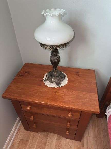 Wooden 3-Drawer Nightstand with Milk Glass Lamp image