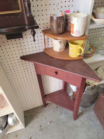 Small Red Painted Wood Corner Table With Additional Wooden Shelf image