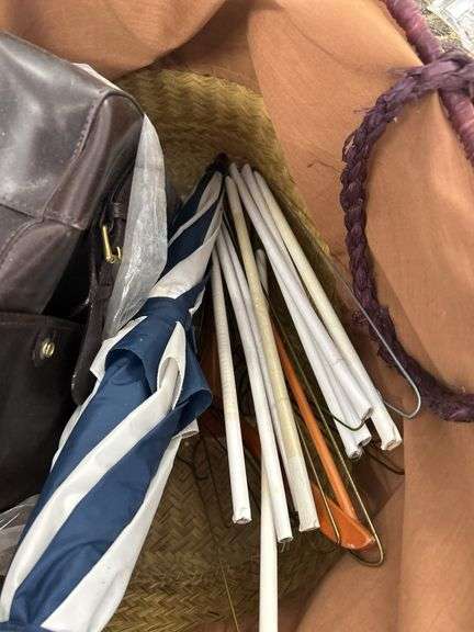 Wicker Basket with Purse, Umbrella, and Hangers