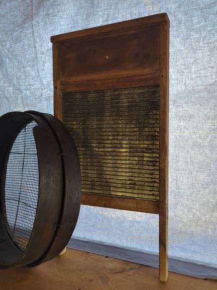 Wooden Wash Washboard and Mesh Sieve