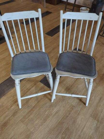 Pair of White Painted Spindle-Back Chairs with Upholstered Seats image