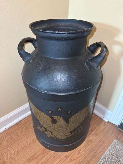 Black Metal Milk Can with Eagle Design image